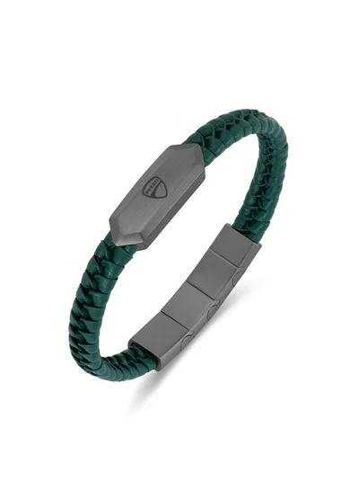 Ducati Leggenda Gunmetal Stainless Steel Green Braided Leather Bracelet for Men 180mm