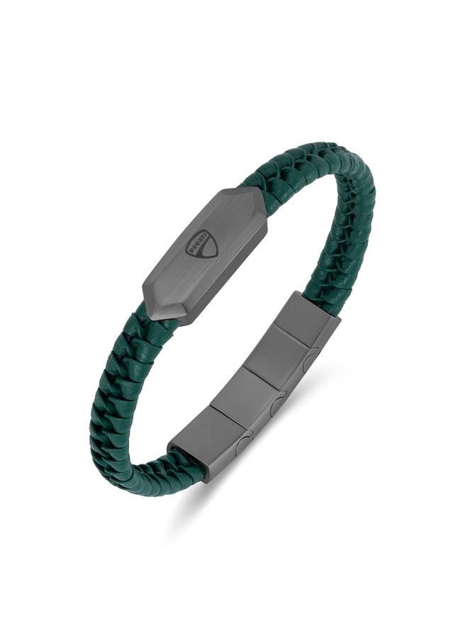 Ducati Leggenda Gunmetal Stainless Steel Green Braided Leather Bracelet for Men 180mm - Image 1
