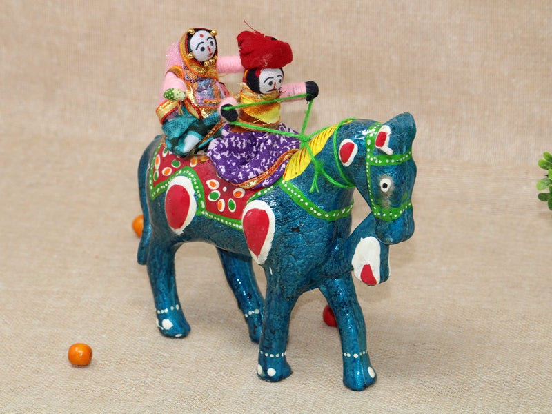 JH Gallery Handmade Recycled Material Figurines Rajasthani Doll Couple Rider Idol Showpiece, Multicolor (18 * 16 * 5cm) (Horse) - Image 1