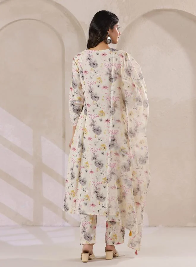 Sanskrutihomes  Off-White Floral Print Embroidered Flared Kurta and Pant Set for Women | Best Price UAE