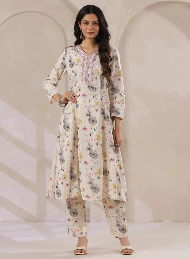 Sanskrutihomes  Off-White Floral Print Embroidered Flared Kurta and Pant Set for Women | Best Price UAE