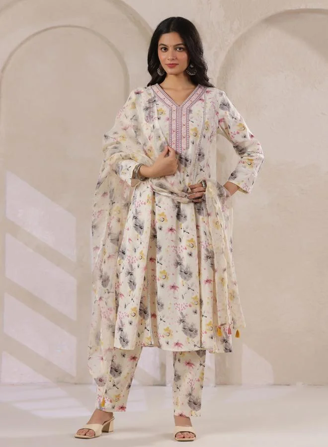 Sanskrutihomes Off-White Floral Print Embroidered Flared Kurta and Pant Set