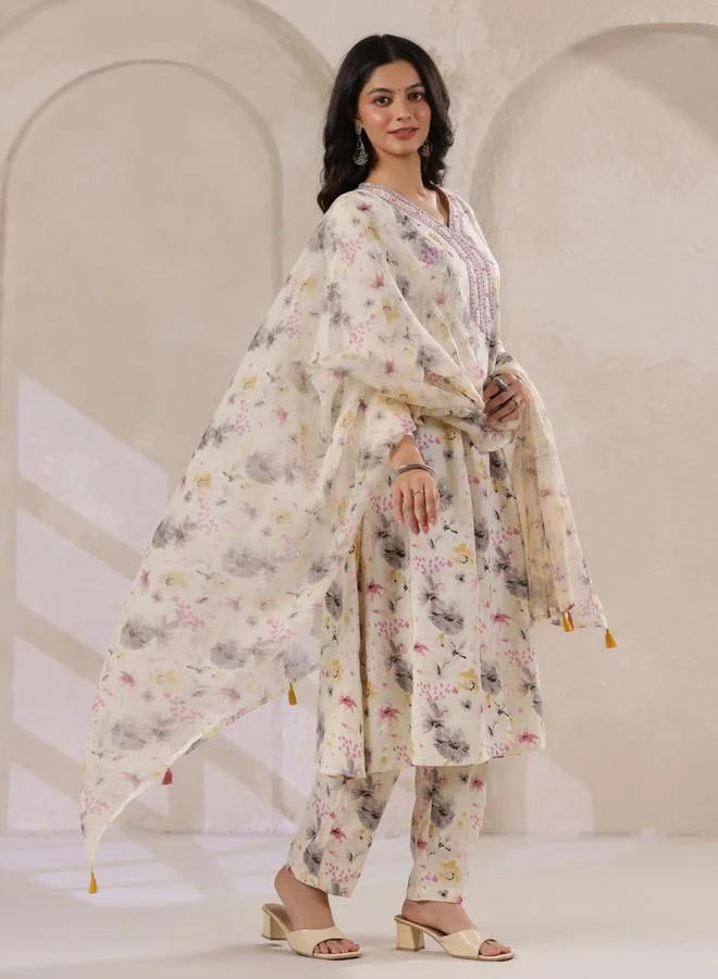 Sanskrutihomes Off-White Floral Print Embroidered Flared Kurta and Pant Set