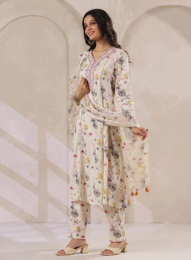Sanskrutihomes  Off-White Floral Print Embroidered Flared Kurta and Pant Set for Women | Best Price UAE