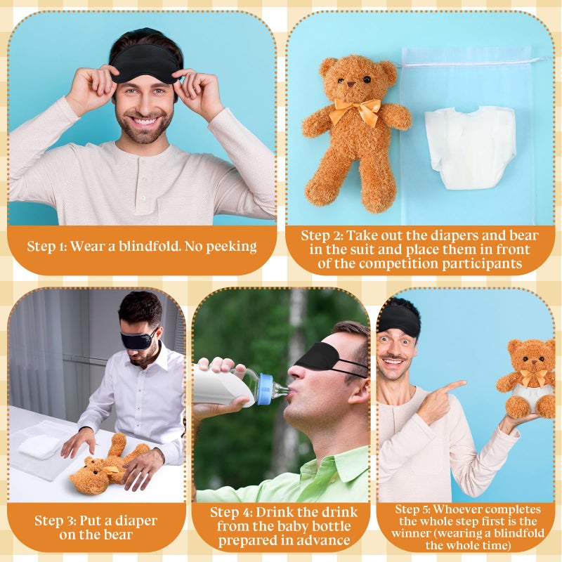 Yearntown 6 Set Bottle Chug Bear Baby Shower Games Brown Blindfolded Diaper Changing Games Kits Bottles Diapers Blindfold Eye Masks Bear Baby Shower Party Guest Gifts - Image 2