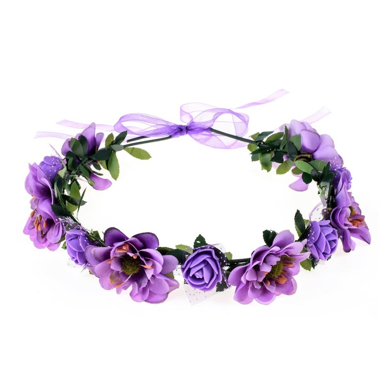 June Bloomy Rose Flower Leave Crown Bridal Halo Headband with Adjustable Ribbon Purple
