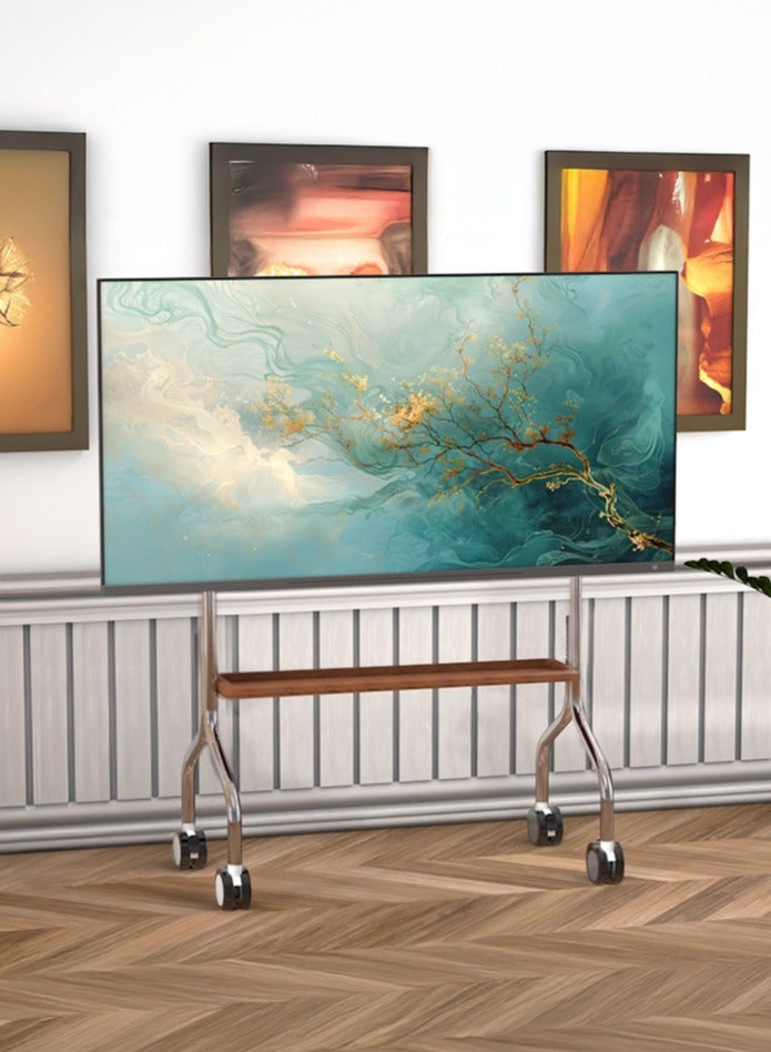 شو وو حامل تلفزيون متحرك معدني عالمي، حامل تلفزيون خشبي متحرك، حامل تلفزيون دوار قابل لتعديل الارتفاع، حوامل تلفزيون أرضية محمولة لشاشات LCD LED OLED 4K مقاس 32 إلى 75 بوصة مع عجلات، رف تخزين وسائط خشبي - Image 1