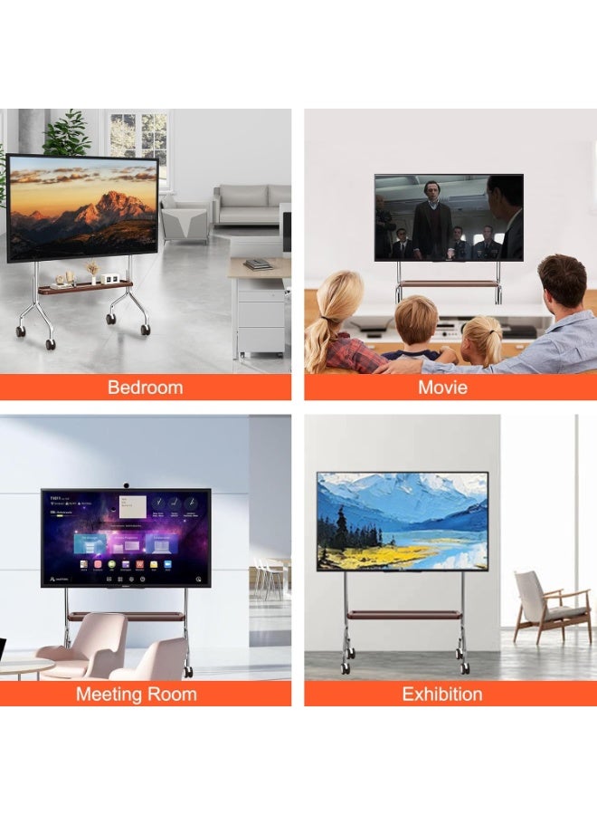 شو وو حامل تلفزيون متحرك معدني عالمي، حامل تلفزيون خشبي متحرك، حامل تلفزيون دوار قابل لتعديل الارتفاع، حوامل تلفزيون أرضية محمولة لشاشات LCD LED OLED 4K مقاس 32 إلى 75 بوصة مع عجلات، رف تخزين وسائط خشبي - Image 2