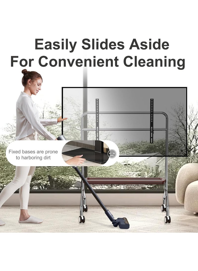 شو وو حامل تلفزيون متحرك معدني عالمي، حامل تلفزيون خشبي متحرك، حامل تلفزيون دوار قابل لتعديل الارتفاع، حوامل تلفزيون أرضية محمولة لشاشات LCD LED OLED 4K مقاس 32 إلى 75 بوصة مع عجلات، رف تخزين وسائط خشبي - Image 4