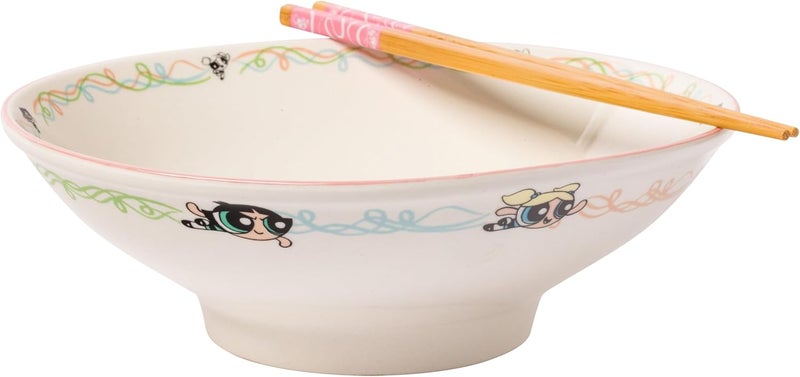 Silver Buffalo The Powerpuff Girls Featuring Bubbles Blossom and Buttercup Ceramic Ramen Noodle Rice Bowl with Chopsticks Microwave Safe 30 Ounces - Image 1