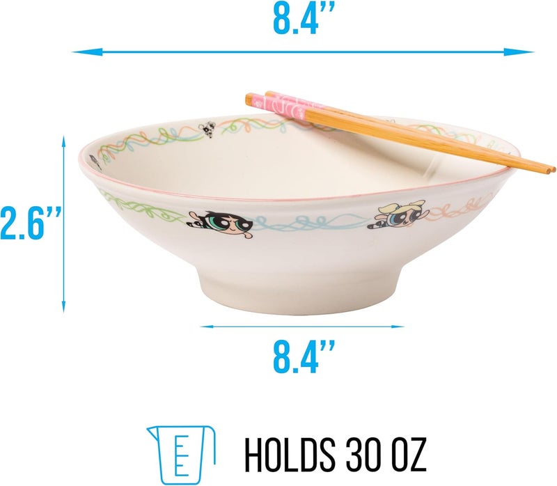 Silver Buffalo The Powerpuff Girls Featuring Bubbles Blossom and Buttercup Ceramic Ramen Noodle Rice Bowl with Chopsticks Microwave Safe 30 Ounces - Image 2
