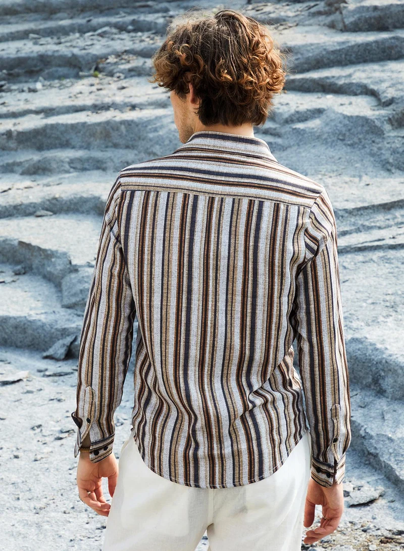 Campus Sutra Men's Coin Grey & Chocolate Brown Multitrack-Striped Shirt