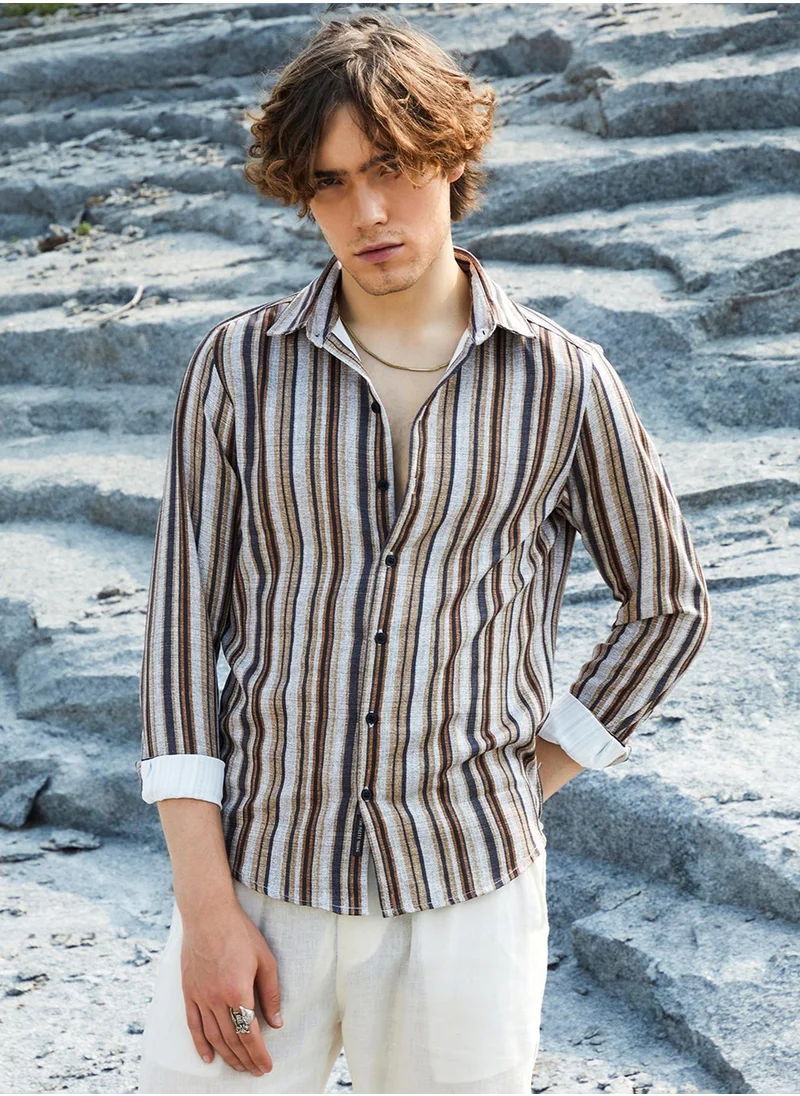 كامبوس سوترا Men's Coin Grey & Chocolate Brown Multitrack-Striped Shirt