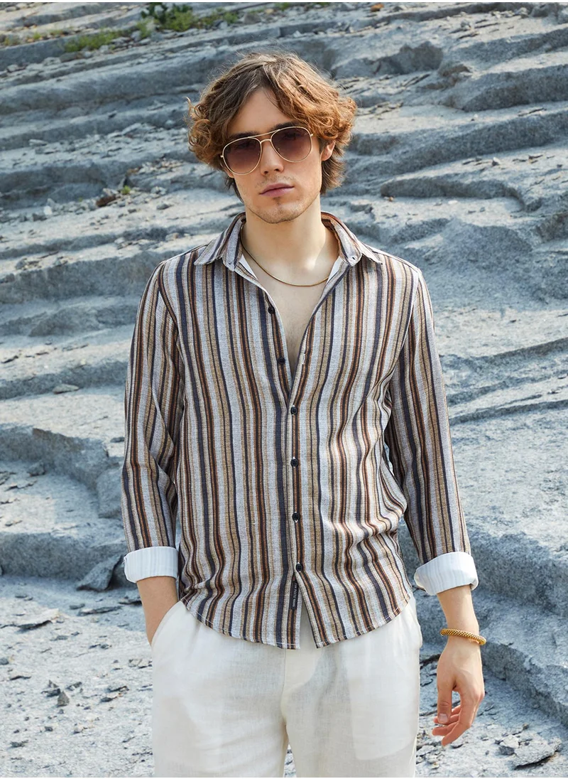 كامبوس سوترا Men's Coin Grey & Chocolate Brown Multitrack-Striped Shirt