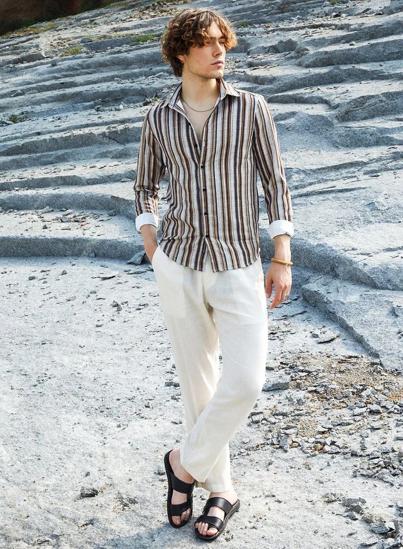 Campus Sutra Men's Coin Grey & Chocolate Brown Multitrack-Striped Shirt