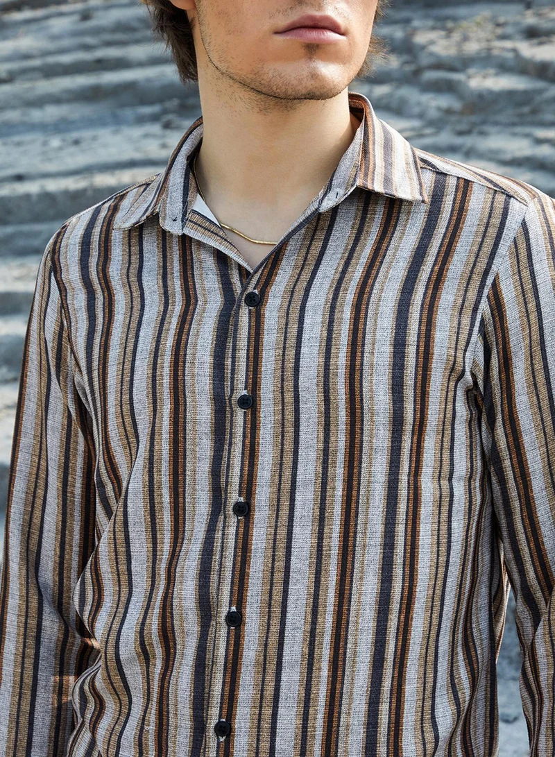 Campus Sutra Men's Coin Grey & Chocolate Brown Multitrack-Striped Shirt