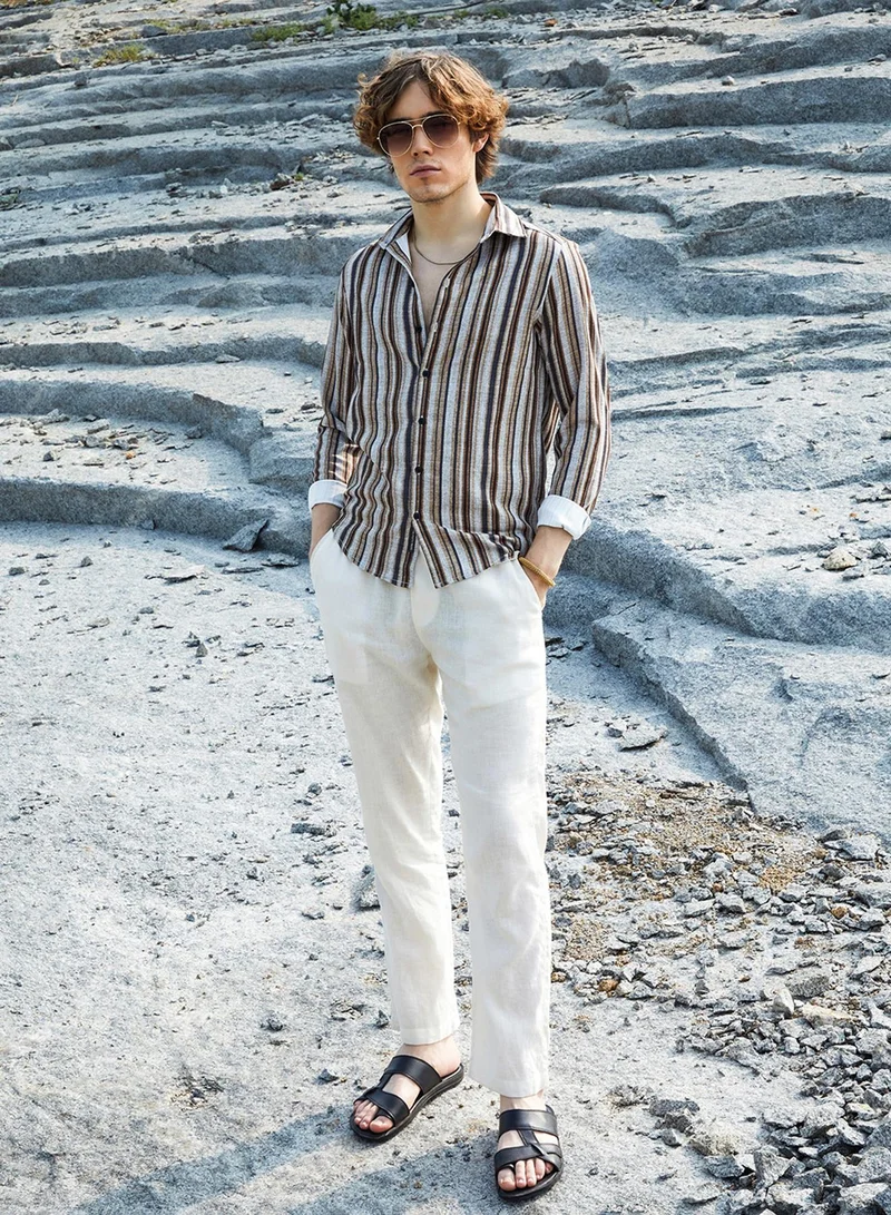 Campus Sutra Men's Coin Grey & Chocolate Brown Multitrack-Striped Shirt