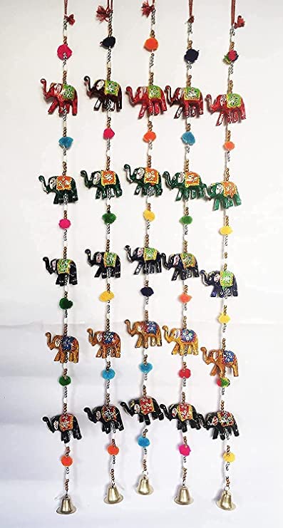 AIVIK Home Dcor Paper Mache Elephant Door Hangings for Main Door Living Rooms Rajasthani Handicraft Wall Hanging Screen ToranBandhanwar latkan Multicolour Pair Ladi Set of 5 Piece - Image 1