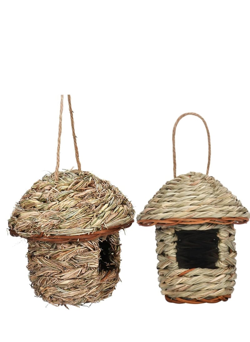 Suntown Hummingbird House 2Pcs Hanging Hummingbird Nest Natural Straw Braided Bird Hut Mushrooms-Shaped Protective Bird House for Outdoors - Image 5