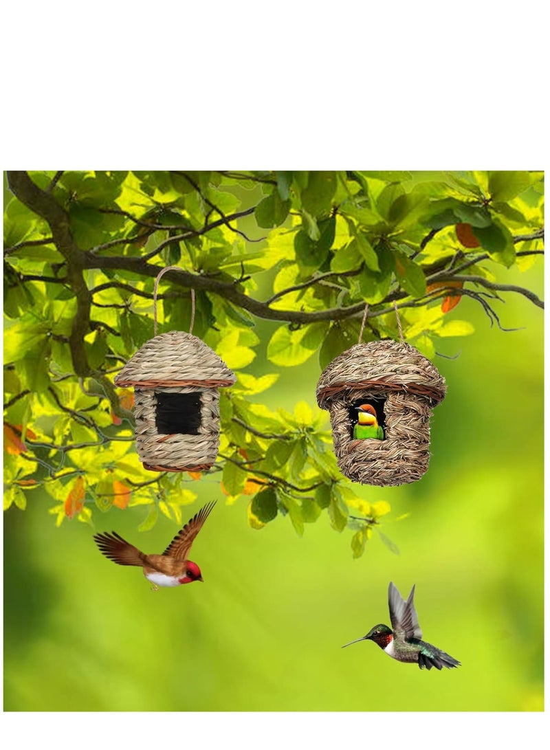 Suntown Hummingbird House 2Pcs Hanging Hummingbird Nest Natural Straw Braided Bird Hut Mushrooms-Shaped Protective Bird House for Outdoors - Image 2