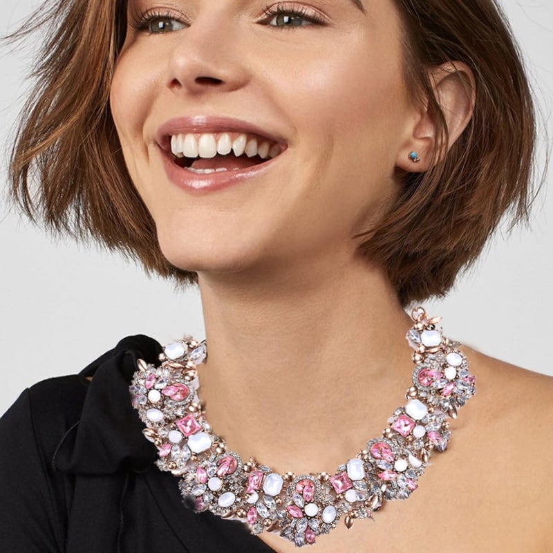 Zthread Rhinestone Bib Statement Necklace Crystal Choker Collar Necklace for Women Fashion Jewellery (Pink + White) - Image 2