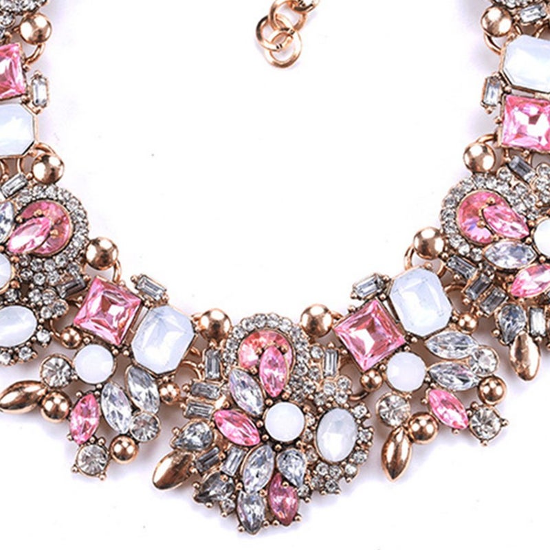 Zthread Rhinestone Bib Statement Necklace Crystal Choker Collar Necklace for Women Fashion Jewellery (Pink + White) - Image 5