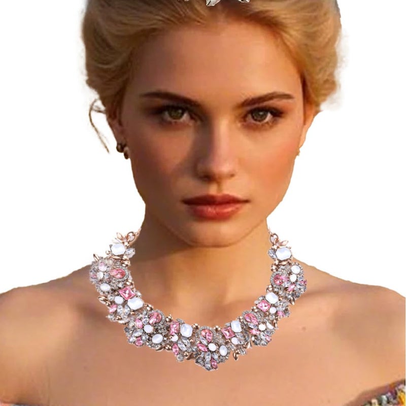 Zthread Rhinestone Bib Statement Necklace Crystal Choker Collar Necklace for Women Fashion Jewellery (Pink + White) - Image 3