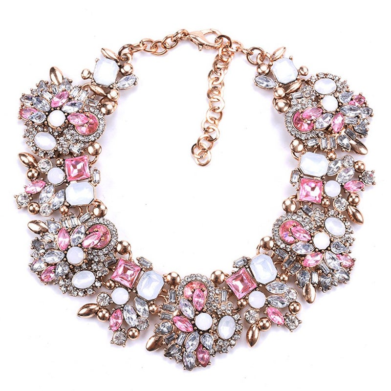 Zthread Rhinestone Bib Statement Necklace Crystal Choker Collar Necklace for Women Fashion Jewellery (Pink + White) - Image 1