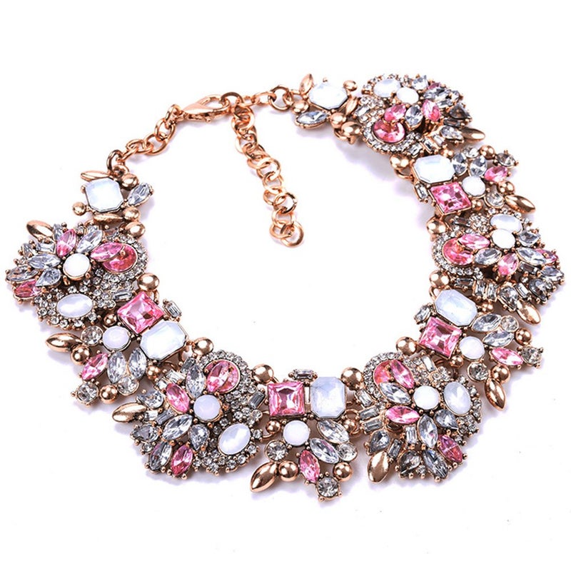 Zthread Rhinestone Bib Statement Necklace Crystal Choker Collar Necklace for Women Fashion Jewellery (Pink + White) - Image 4