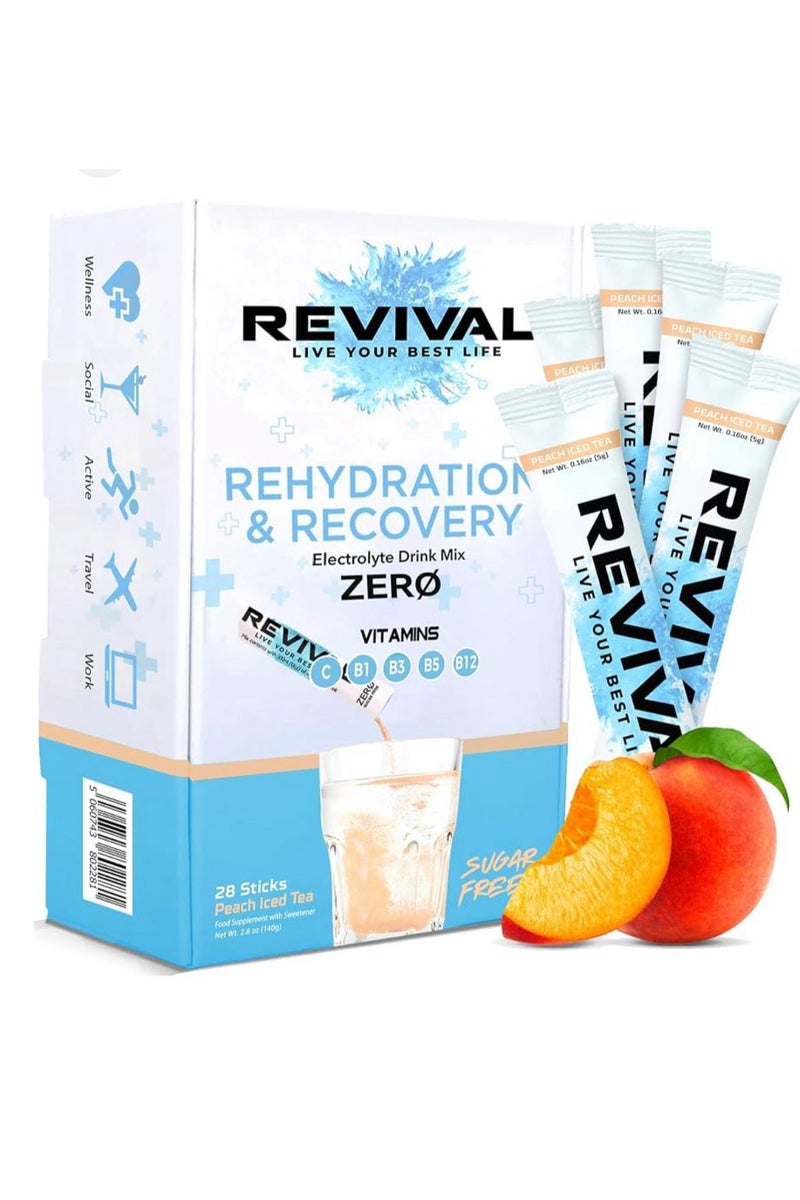 Revival Rapid Rehydration & Recovery  Electrolyte Drink Mix Powder - High Strength Vitamin C, B1, B3, B5, B12 Supplement Sachet Drink, 'Peach Ice Tea' 28 Sachet