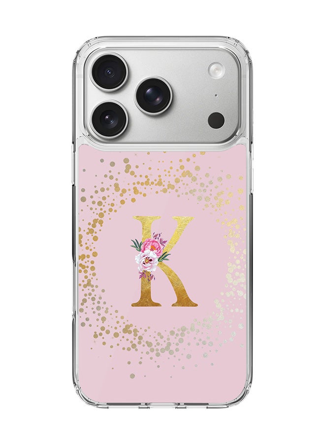 Stylizedd Classic Clear MagSafe Case for iPhone 17 Pro , Hybrid Soft Case Flexible Edges Anti Drop TPU PC Gel Thin Transparent Cover [ Designed for iPhone 17 Pro ] - Custom Monogram Initial Letter Floral Pattern Alphabet - K  (Pink )