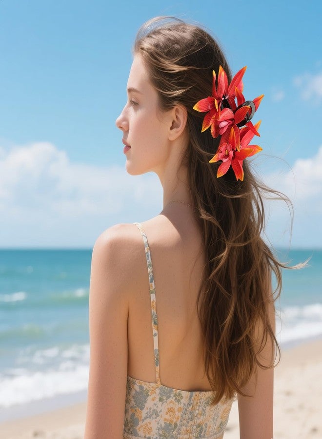 OCOUYVD Artificial Flower Hair Clips for Women Accessories for fall decor Thin Thick Hair Orchid Non-Slip Hawaiian Hair Flower Clip, Large Plumeria Banana Cute Beach Hair Accessories (Orchid Orange) - Image 4