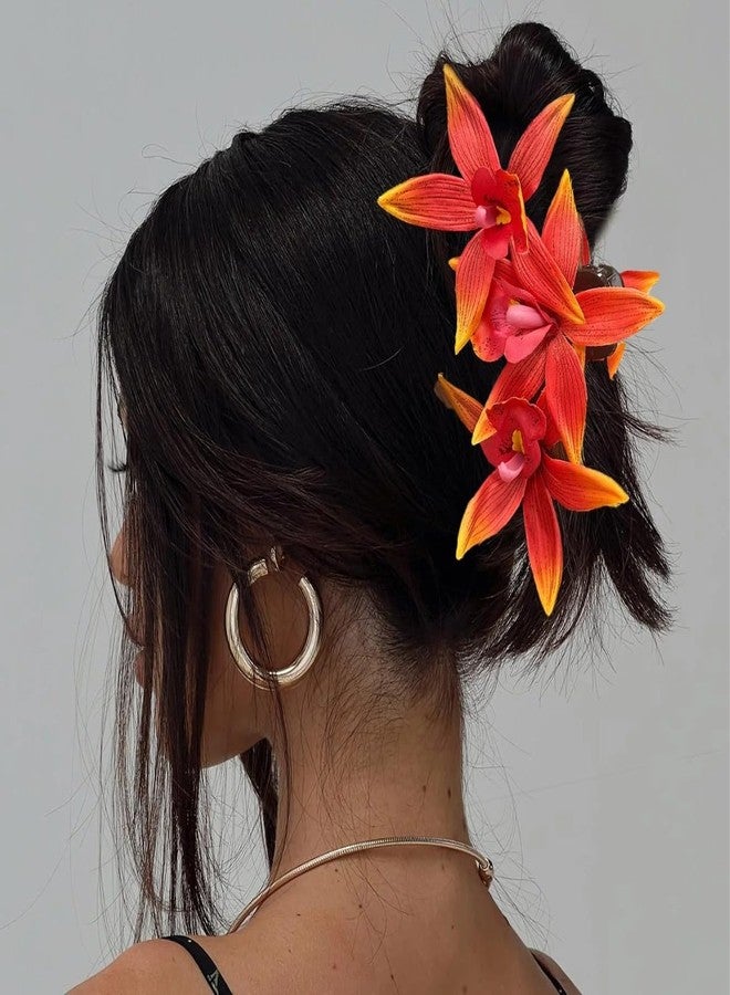 OCOUYVD Artificial Flower Hair Clips for Women Accessories for fall decor Thin Thick Hair Orchid Non-Slip Hawaiian Hair Flower Clip, Large Plumeria Banana Cute Beach Hair Accessories (Orchid Orange) - Image 3