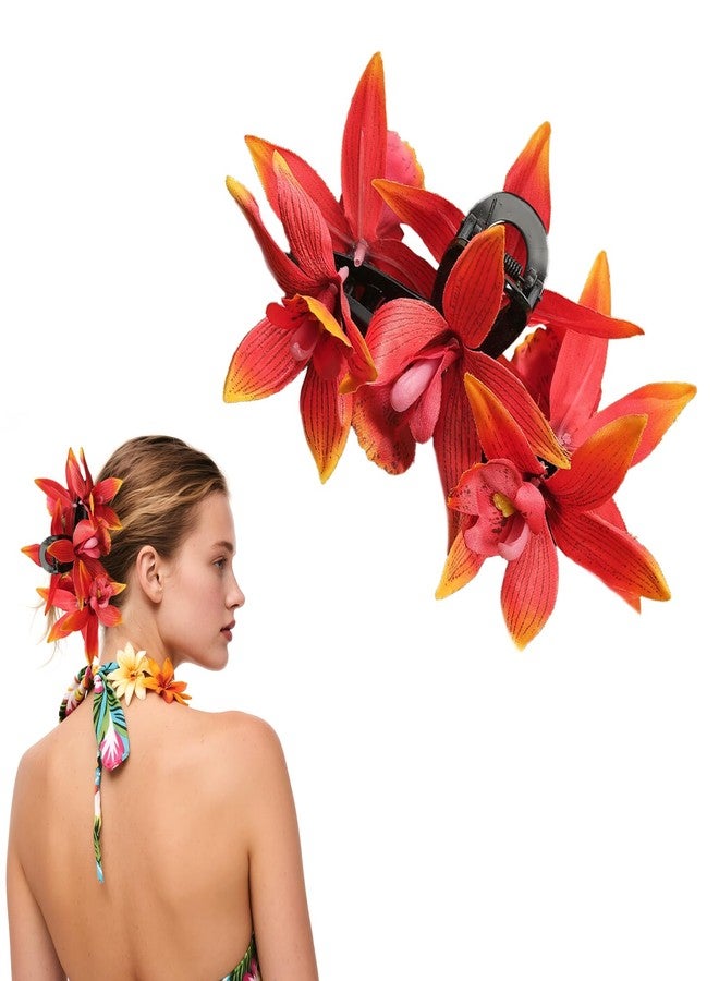 OCOUYVD Artificial Flower Hair Clips for Women Accessories for fall decor Thin Thick Hair Orchid Non-Slip Hawaiian Hair Flower Clip, Large Plumeria Banana Cute Beach Hair Accessories (Orchid Orange) - Image 1