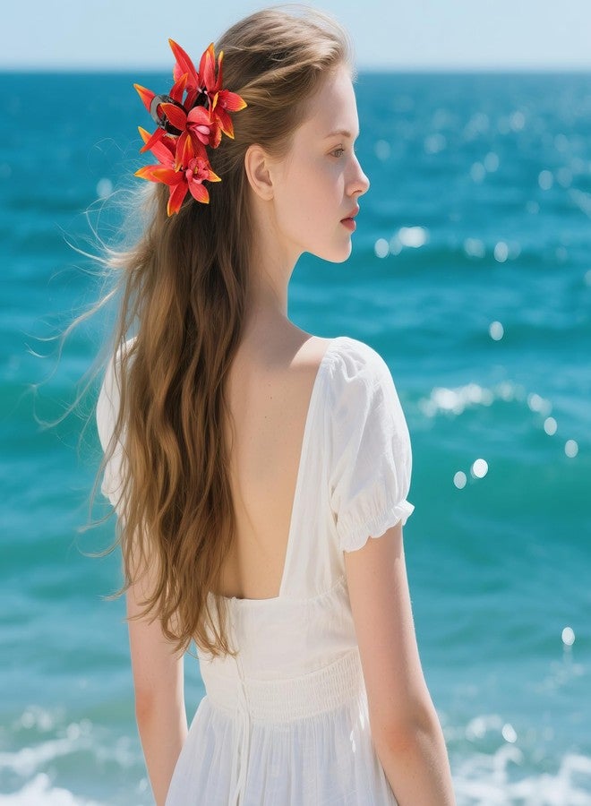 OCOUYVD Artificial Flower Hair Clips for Women Accessories for fall decor Thin Thick Hair Orchid Non-Slip Hawaiian Hair Flower Clip, Large Plumeria Banana Cute Beach Hair Accessories (Orchid Orange) - Image 5