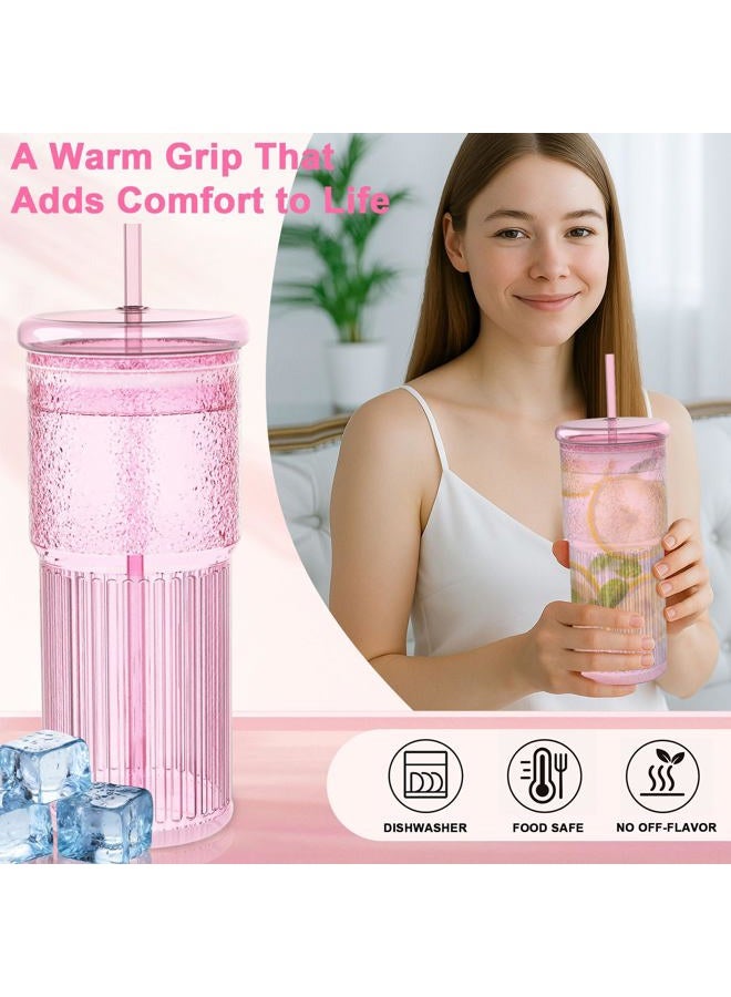 Luiaiog 20oz Glass Cups with Lids and Straws - Set of 4 Reusable Tumblers, Thickened Shatter-Resistant Glass, Ideal for Iced Coffee, Smoothies, Cocktails, Juices - Elegant & Durable Drinkware (Pink) - Image 2