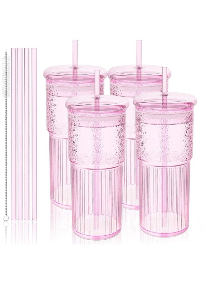 Luiaiog 20oz Glass Cups with Lids and Straws - Set of 4 Reusable Tumblers, Thickened Shatter-Resistant Glass, Ideal for Iced Coffee, Smoothies, Cocktails, Juices - Elegant & Durable Drinkware (Pink) - Image 1