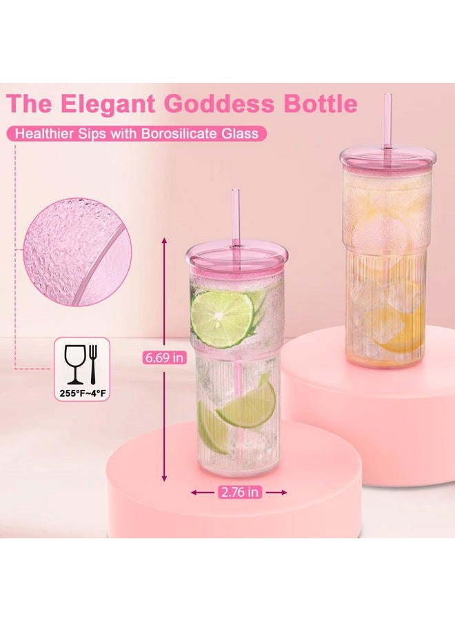 Luiaiog 20oz Glass Cups with Lids and Straws - Set of 4 Reusable Tumblers, Thickened Shatter-Resistant Glass, Ideal for Iced Coffee, Smoothies, Cocktails, Juices - Elegant & Durable Drinkware (Pink) - Image 4