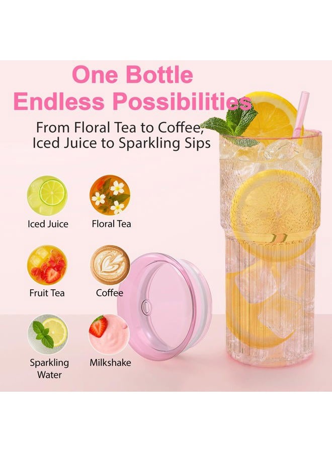 Luiaiog 20oz Glass Cups with Lids and Straws - Set of 4 Reusable Tumblers, Thickened Shatter-Resistant Glass, Ideal for Iced Coffee, Smoothies, Cocktails, Juices - Elegant & Durable Drinkware (Pink) - Image 3