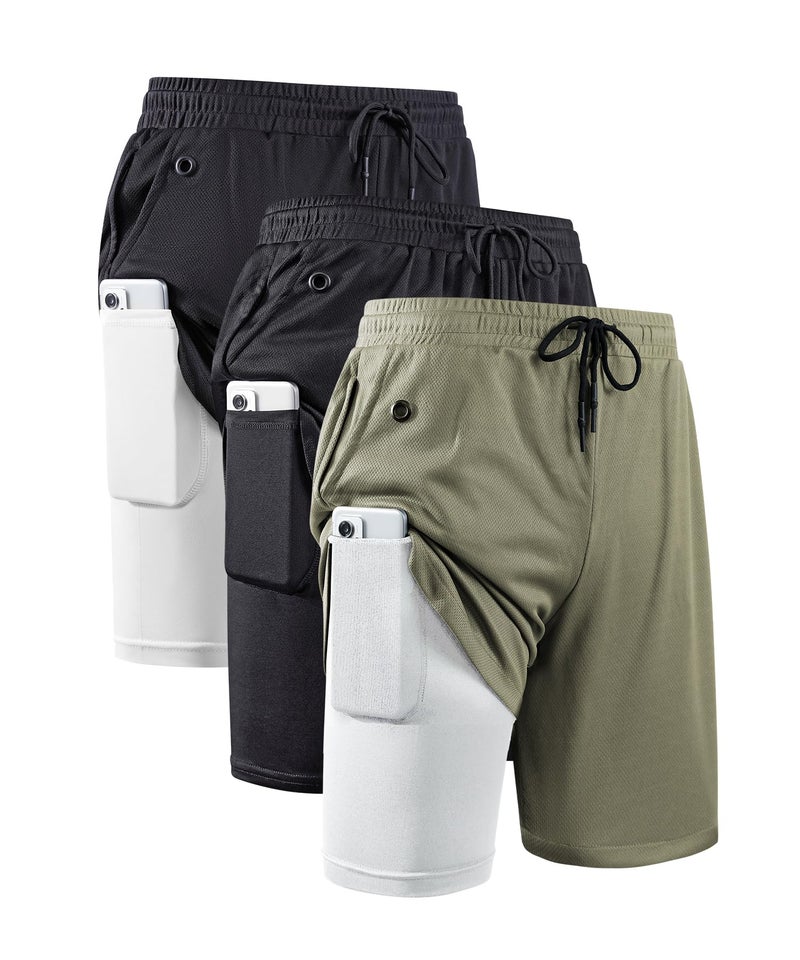 JWJ 3 Pack Mens 2 in 1 Running Shorts Quick Dry Gym Athletic Workout Shorts with Compression Liner,Black Army White L - Image 1