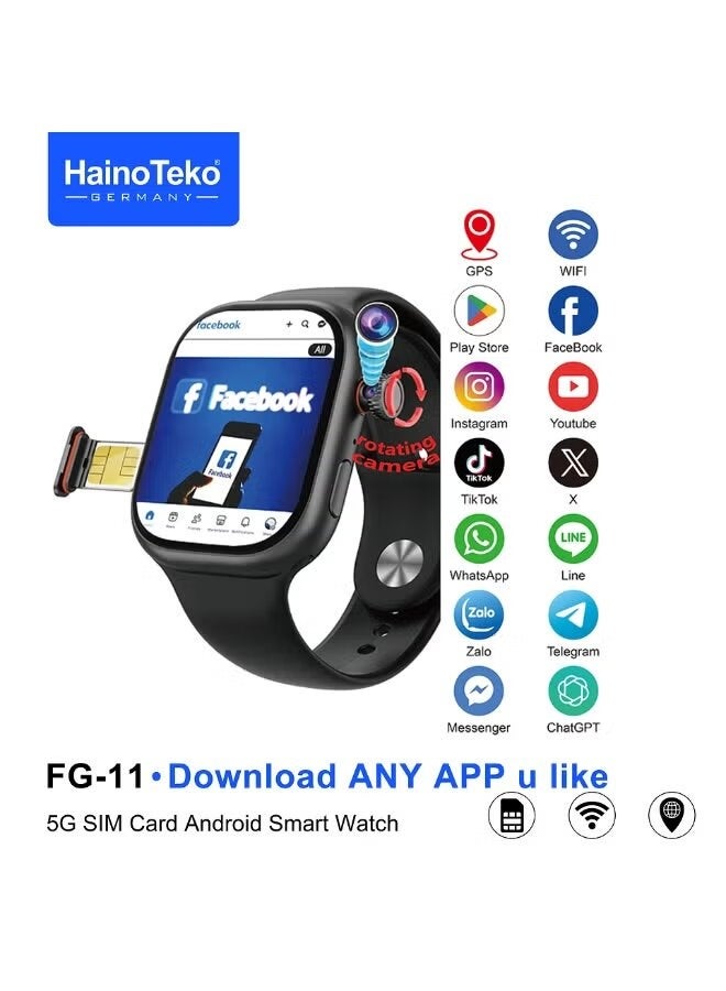 HainoTeko FG-11 5G Android Smart Watch with SIM Card Slot Rotating Camera Play Store Support HD Touchscreen Bluetooth Call Fitness Tracker Long Battery Life Android Smartwatch for Men and Women Black