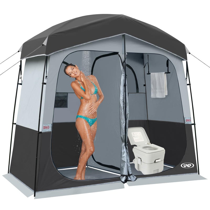 UNP Shower Tent 2 Rooms, Portable Privacy Tent Outdoor Camping Toilet Tents Easy Set Up, Dressing Room for Beach, Camping & Hiking (Black) - Image 1