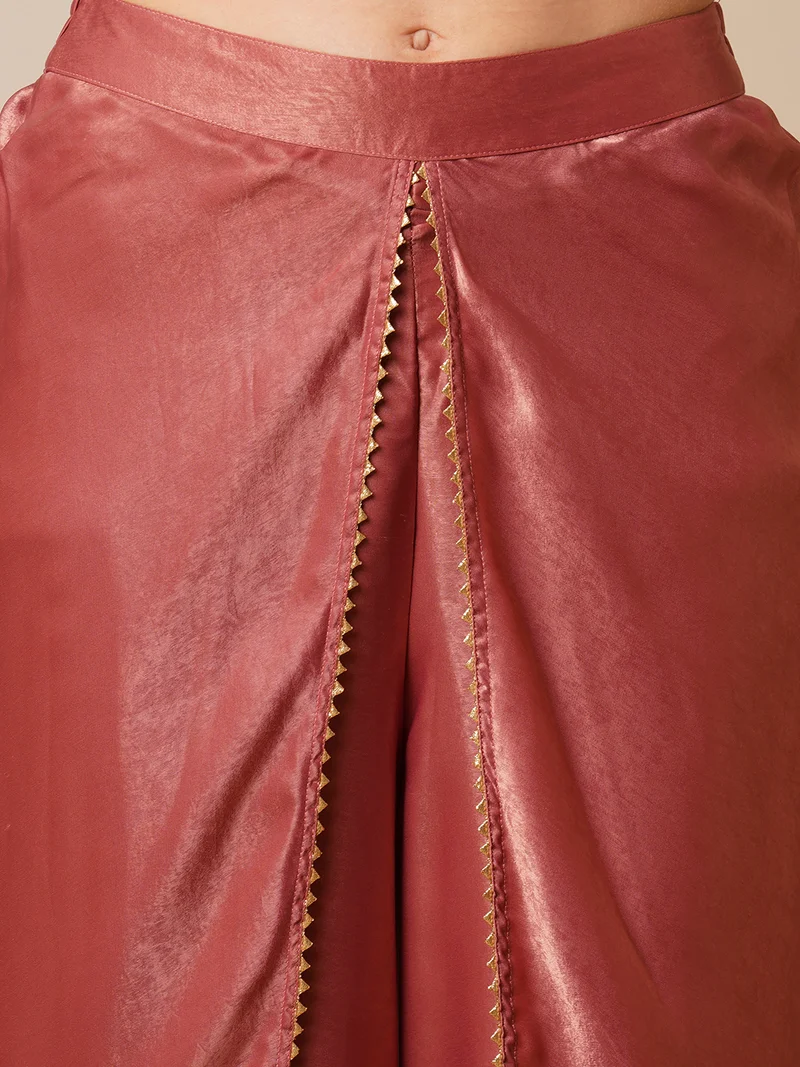globus Women Pink V-Neck Scalloped Sleeves Velvet Tunic & Dhoti