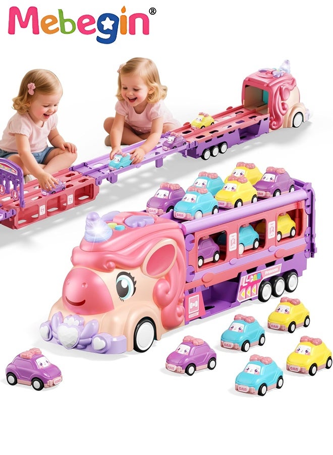 MEBEGIN Cartoon Transport Truck with Foldable Race Track and 6 Mini Sliding Cars, Adorable Car Carrier Truck with Light and Sounds, Deformation Ejection Car Playset, Safe Car Toys for Girls, Creative Travel Toy, Easy to Storage and Carry, Ideal Gift for Toddler Girls, 2 AAA Required(Not Included) - Image 1