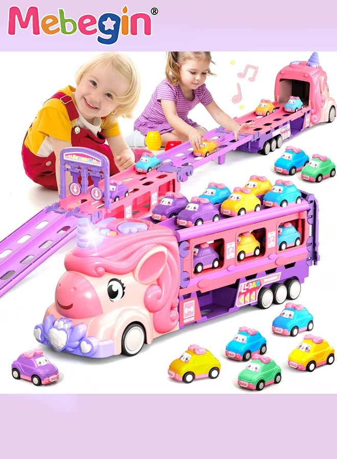 MEBEGIN Cartoon Transport Truck with Foldable Race Track and 6 Mini Sliding Cars, Adorable Car Carrier Truck with Light and Sounds, Deformation Ejection Car Playset, Safe Car Toys for Girls, Creative Travel Toy, Easy to Storage and Carry, Ideal Gift for Toddler Girls, 2 AAA Required(Not Included) - Image 2