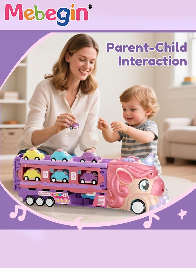 MEBEGIN Cartoon Transport Truck with Foldable Race Track and 6 Mini Sliding Cars, Adorable Car Carrier Truck with Light and Sounds, Deformation Ejection Car Playset, Safe Car Toys for Girls, Creative Travel Toy, Easy to Storage and Carry, Ideal Gift for Toddler Girls, 2 AAA Required(Not Included) - Image 5