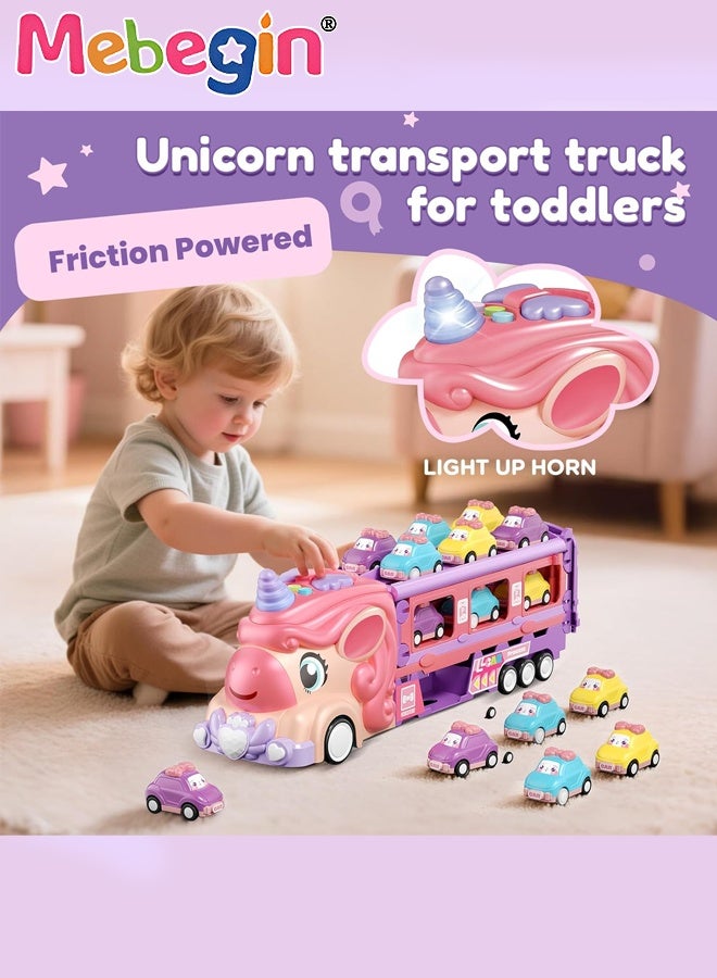 MEBEGIN Cartoon Transport Truck with Foldable Race Track and 6 Mini Sliding Cars, Adorable Car Carrier Truck with Light and Sounds, Deformation Ejection Car Playset, Safe Car Toys for Girls, Creative Travel Toy, Easy to Storage and Carry, Ideal Gift for Toddler Girls, 2 AAA Required(Not Included) - Image 3