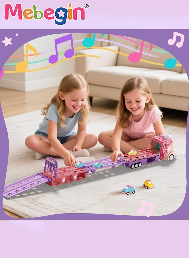 MEBEGIN Cartoon Transport Truck with Foldable Race Track and 6 Mini Sliding Cars, Adorable Car Carrier Truck with Light and Sounds, Deformation Ejection Car Playset, Safe Car Toys for Girls, Creative Travel Toy, Easy to Storage and Carry, Ideal Gift for Toddler Girls, 2 AAA Required(Not Included) - Image 4