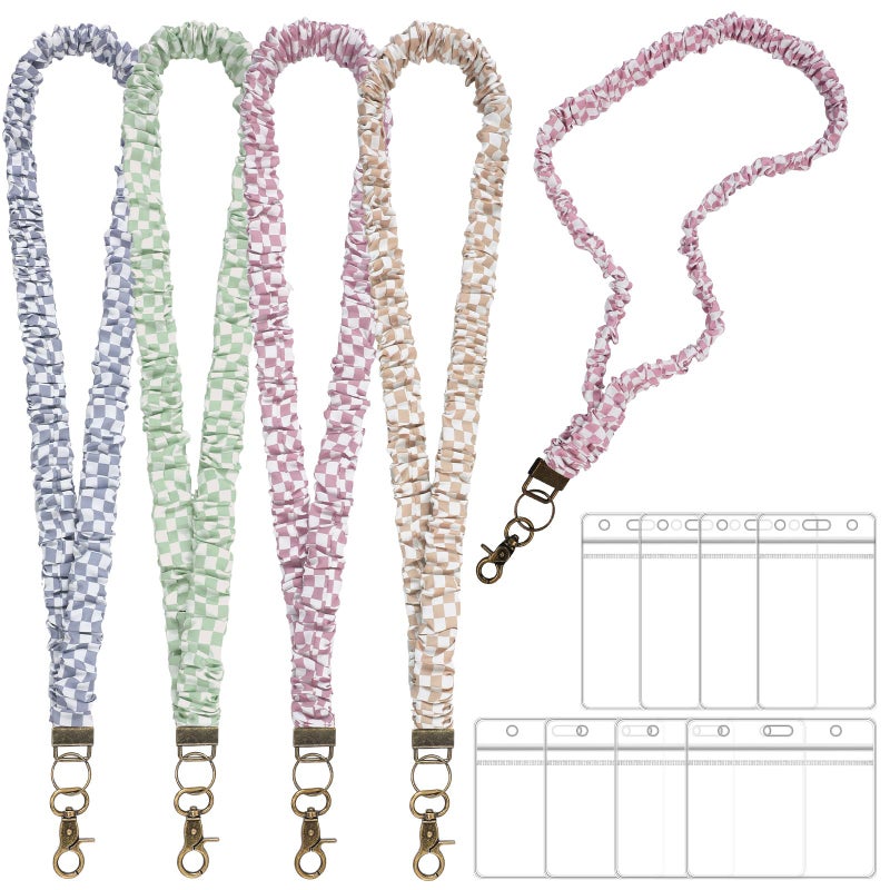 SATINIOR 4 Pcs Stretchy Scrunchie Lanyards with 8 ID Holder for ID Badges and Keys, Cute Neck Scrunchie Lanyard for Teacher Appreciation Christmas Nurses School Gifts(Colorful,Checkered Style) - Image 1