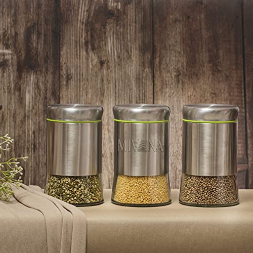 Mivana 550ml Stainless Steel Canister Glass Jar with Lid,Premium Pantry Organizers Containers and Perfect kitchen Storage for Canning Cereal,Coffee,Sugar,Tea,pasta and Beans Containers set of 4 - Image 1